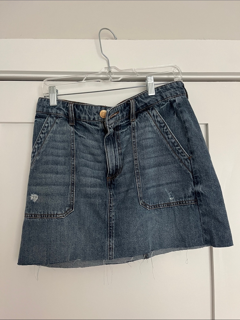 Dark Blue Denim Mini Skirt with Front Patch Pockets